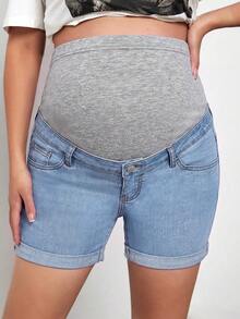 SHEIN 孕妇拼接休闲百搭日常牛仔短裤 - 淺色水洗藍 - 查看 4