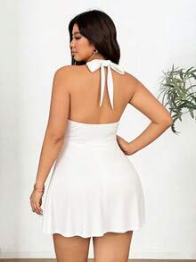 Sunnyshic Vestido de punto elástico de unicolor con lazo en el cuello para tallas grandes - Blanco - Ver 2