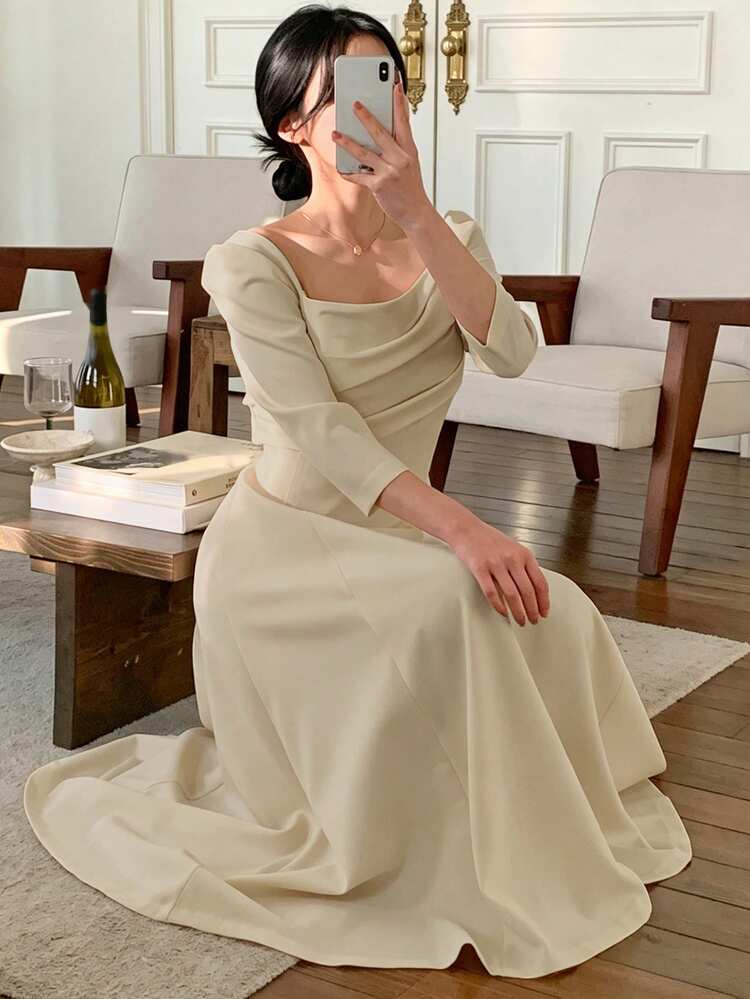 Women's Elegant Tie-Waist Midi Dress For Commuting