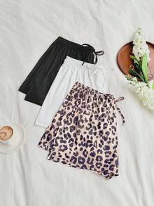 Dream Adore Conjunto de 3 piezas de pantalones cortos de pijama con cintura con cordón de unicolor y estampado de leopardo, adecuado para uso exterior, tallas grandes para mujer - Multicolor - Ver 2