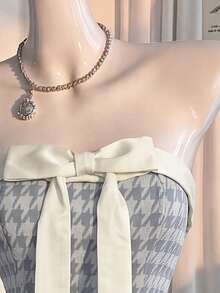 Celisse 女士拼接千鸟格褶裥休闲派对外出迷你连衣裙 - 淺藍色 - 查看 4