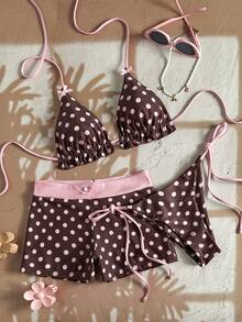Swim Mod Bộ đồ bơi 3 mảnh chấm bi hồng cho nữ, có dây đeo và nơ, màu hồng trơn phối họa tiết chấm bi, thích hợp cho kỳ nghỉ hè, đi biển. - Nhiều màu - Xem 2