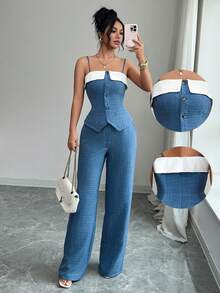 Selianne Women's Casual Contrast Color Lapel Cardigan Camisole + Wide Leg Pants 2 Pieces Set Summer Outfits Women Vacation Outfits Women - Blue - View 1