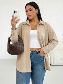 SHEIN CURVE+ Plus-Size Women's Shirt,Khaki,Summer,Smart Casual,Everyday,Brown Striped Button-Up,Spring Fashion Loose And Comfortable Slim-Fitting Work Top,Basic - Apricot - View 6