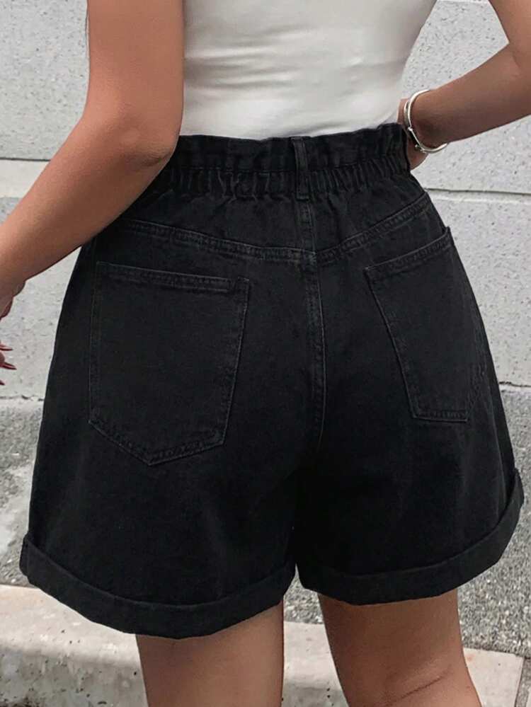 Dazy Plus Elastic Waist Loose Wide Leg Cuffed Washed Blue Denim Shorts, Summer
