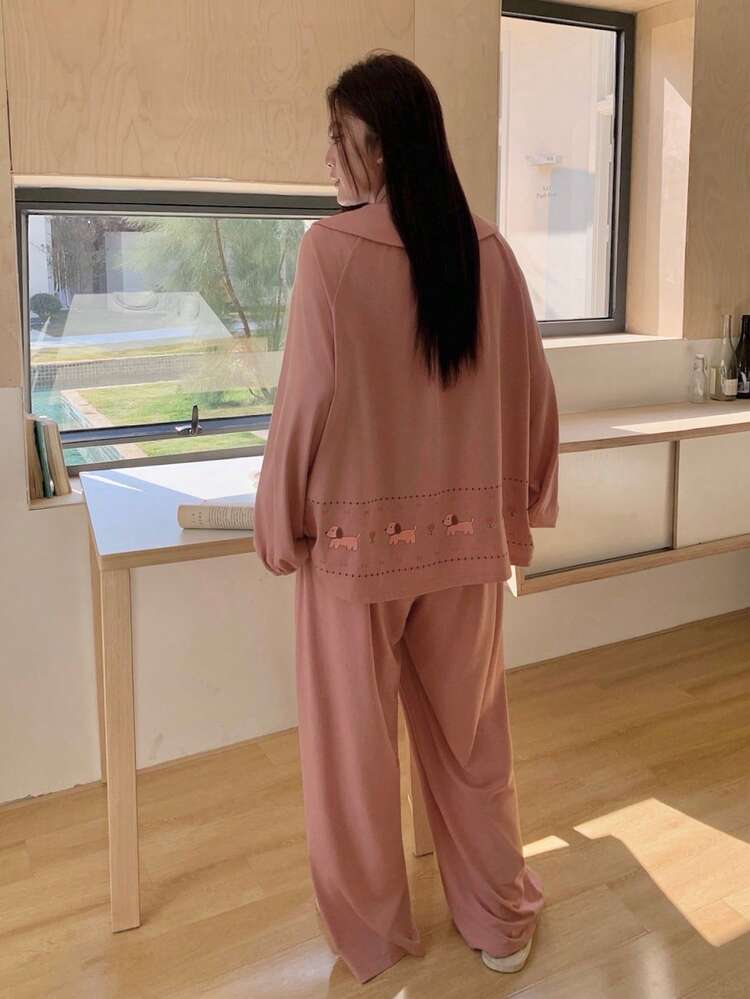 Dazy Plus Plus Size Women Solid Color Peter Pan Collar Long Sleeve Top And Wide Leg Pants Casual Loungewear Set