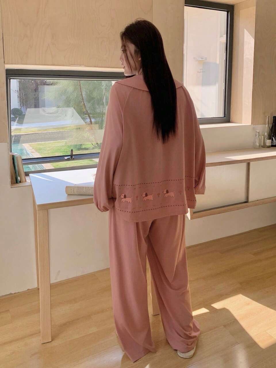 Dazy Plus Plus Size Women Solid Color Peter Pan Collar Long Sleeve Top And Wide Leg Pants Casual Loungewear Set