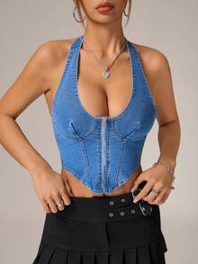 SHEIN PETITE Women's Sexy Backless Halter Neck Denim Blouse For Summer - Blue - View 7