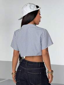 SHEIN HypeZone Áo sơ mi ngắn tay dáng rộng kẻ caro phong cách retro dành cho nữ - Màu xanh lam - Xem 2