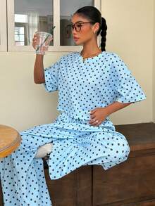 SHEIN Muchic Bộ đồ dệt kim chấm bi xanh dương kiểu dáng thường ngày dành cho nữ - Màu xanh lam - Xem 5