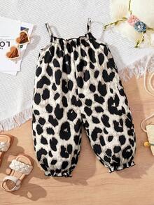 新生女宝宝可爱休闲度假连体衣，夏季豹纹宽松连体衣，休闲度假时尚百搭，适合姐妹装、公园露营、家庭照、派对、日常休闲穿着 - 卡其色 - 查看 3