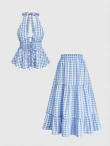 SHEIN Bộ đồ đi nghỉ mát 2 món: Áo croptop cổ buộc dây màu xanh nhạt viền bèo nhún + Chân váy xếp tầng cạp chun kẻ caro xanh trắng. - Màu xanh lam - Xem 1