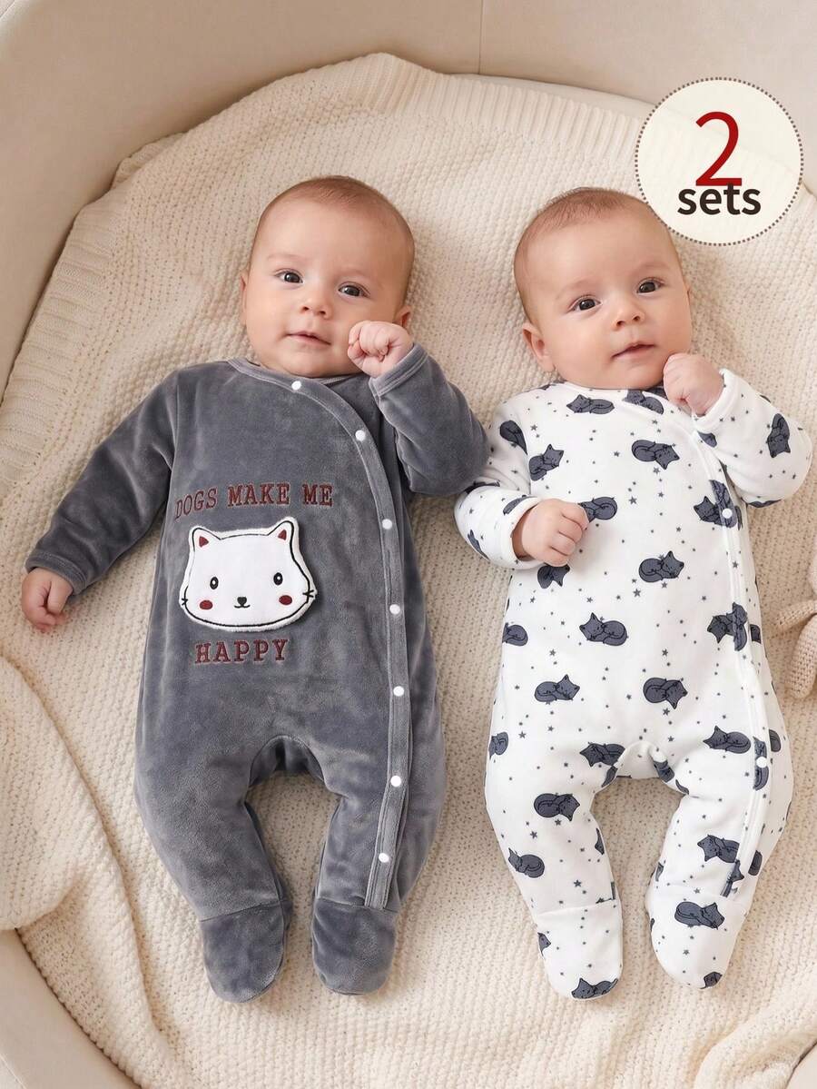 SHEIN Baby Boys' Minimalist Cat Print Long Sleeve Button-Up Jumpsuit And Pants 2 Pieces Loungewear Set - Grey - View 1