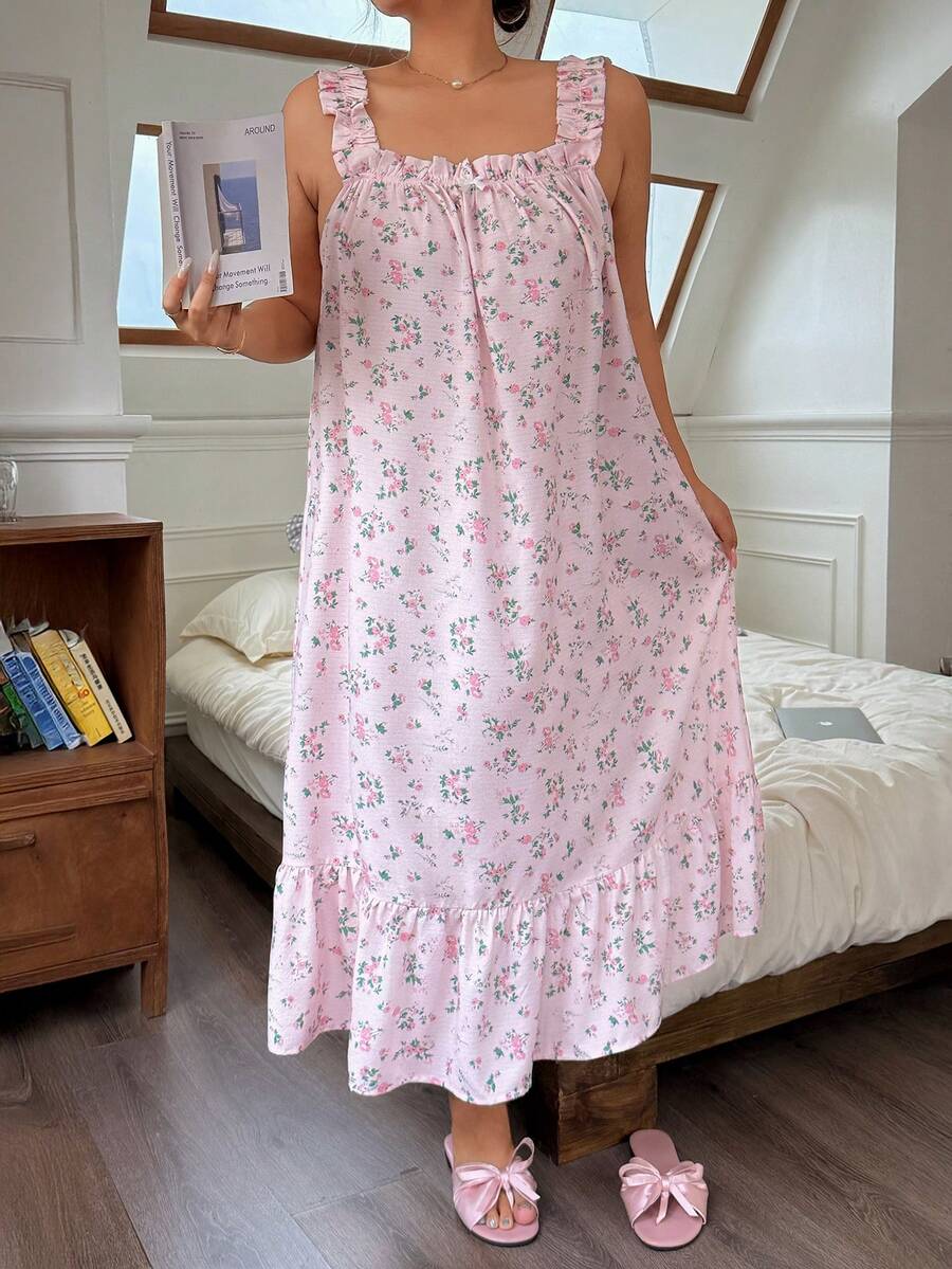 Napfluff CURVE Napfluff CURVE Plus Size Loose Floral Ruffle Hem Nightgown, Women Loose Sleepwear - Pink - View 1