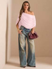SHEIN BAE Áo liền thân dáng suông, xếp ly, trễ vai, màu nâu/cà phê trơn, kiểu dáng thanh lịch, thích hợp cho mùa Thu/Đông. Áo liền thân ôm sát, duyên dáng, kiểu dáng rủ. - Màu Hồng  San hô - Xem 3