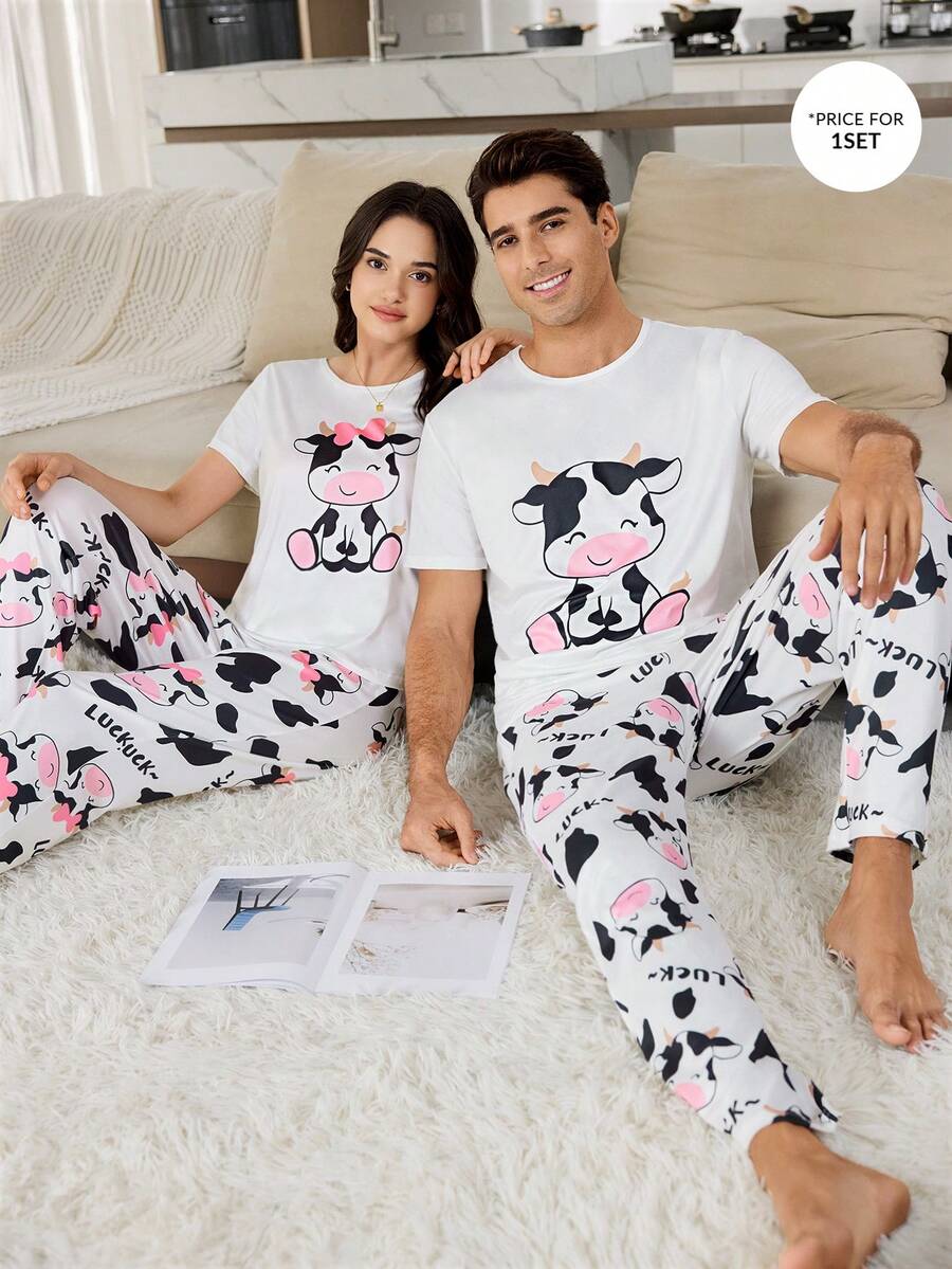 CoupledUp Cute Cow Cartoon Print Couple Pajama Set - White - View 1