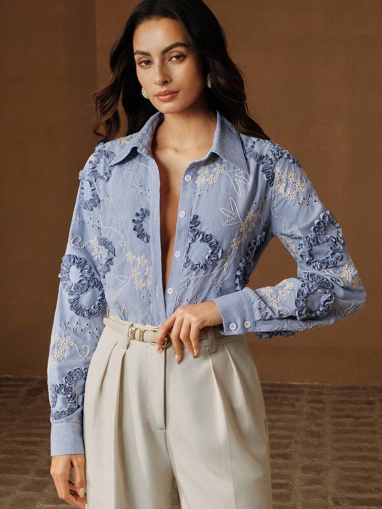 Women's Single-Breasted Striped Floral Embroidered Casual Versatile Daily Wear Shirt