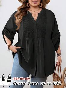 SHEIN CURVE+ Curve Size US22Music Festival, Seaside Vacation, Bohemia Casual Solid Color Lace Patchwork Front Button Loose Blouse - Black - View 9