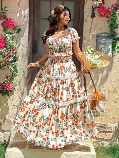 Vionelle Plus Size French Style Floral Print Shirt And Skirt Set, Spring/Summer Regular