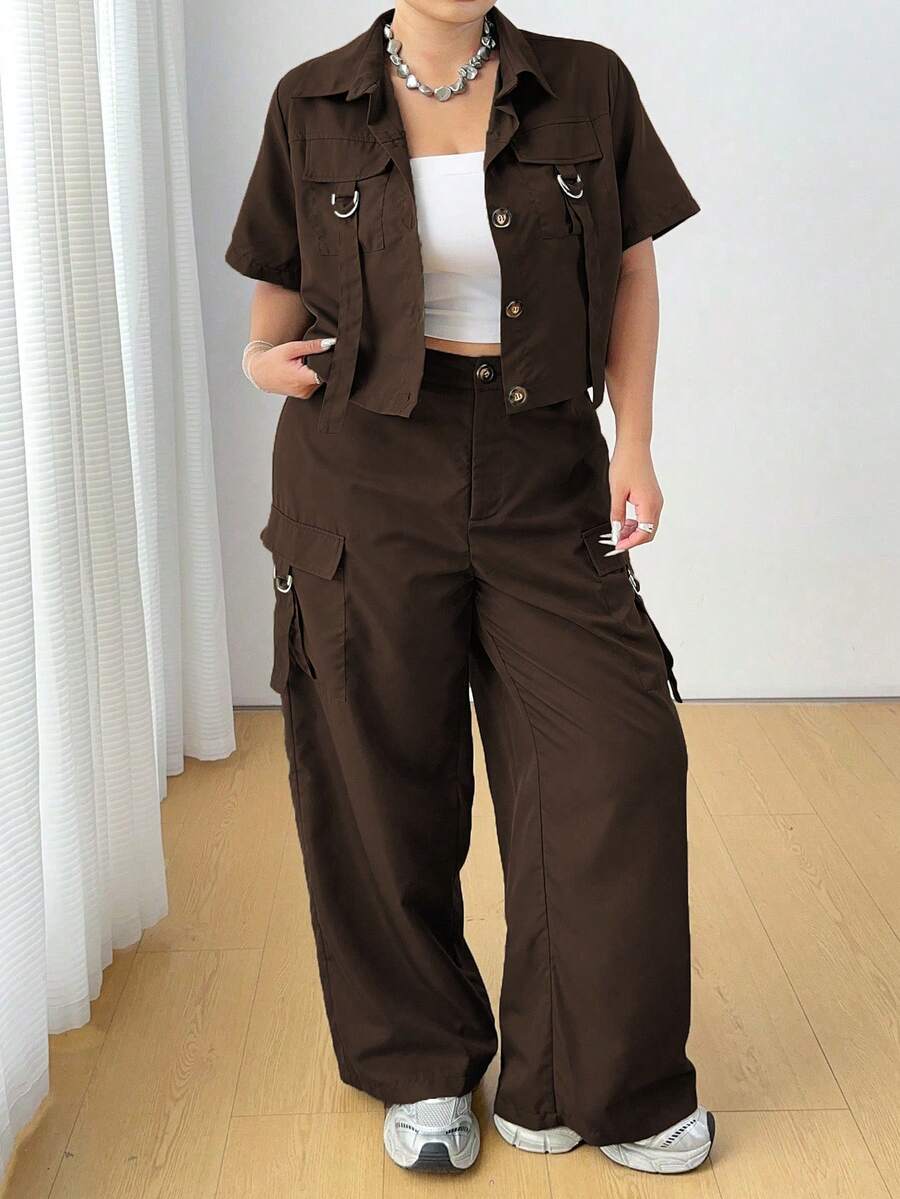 Flirla Conjunto de camisa y pantalones de utilidad casual de talla grande con cinturón - Marrón - Ver 1