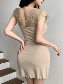 Joudiya Đầm dự tiệc ngắn cổ chữ V phối ren, thanh lịch, thắt eo dành cho nữ - Màu Khaki - Xem 10