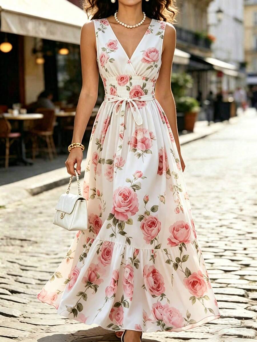 SHEIN Elegant Floral Print V-Neck Sleeveless Tie-Waist Maxi Dress, Versatile For Casual, Outdoor, Date, Party, Commute, Business, Office Wear Tea Party Dress For Women Elegant Dress For Women Smocked Elastic Waist Dress Floral Print Dress Rose Print Dress - Multicolor - View 1