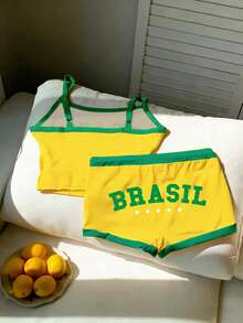 Comfortcana Women's Summer Brazil Flag Colorful Letter Print Cropped Camisole And Shorts Set - Multicolor - View 2