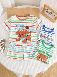 SHEIN Bộ 2 món đồ ngủ ngắn tay, quần short, họa tiết hoạt hình hình chó, sọc, dáng rộng thoải mái cho bé trai, thích hợp mặc mùa hè. - Nhiều màu - Xem 5