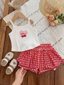 SHEIN Conjunto de camiseta de tirantes finos acanalada con estampado de cerezas de verano informal para niñas jóvenes - Rojo - Ver 6