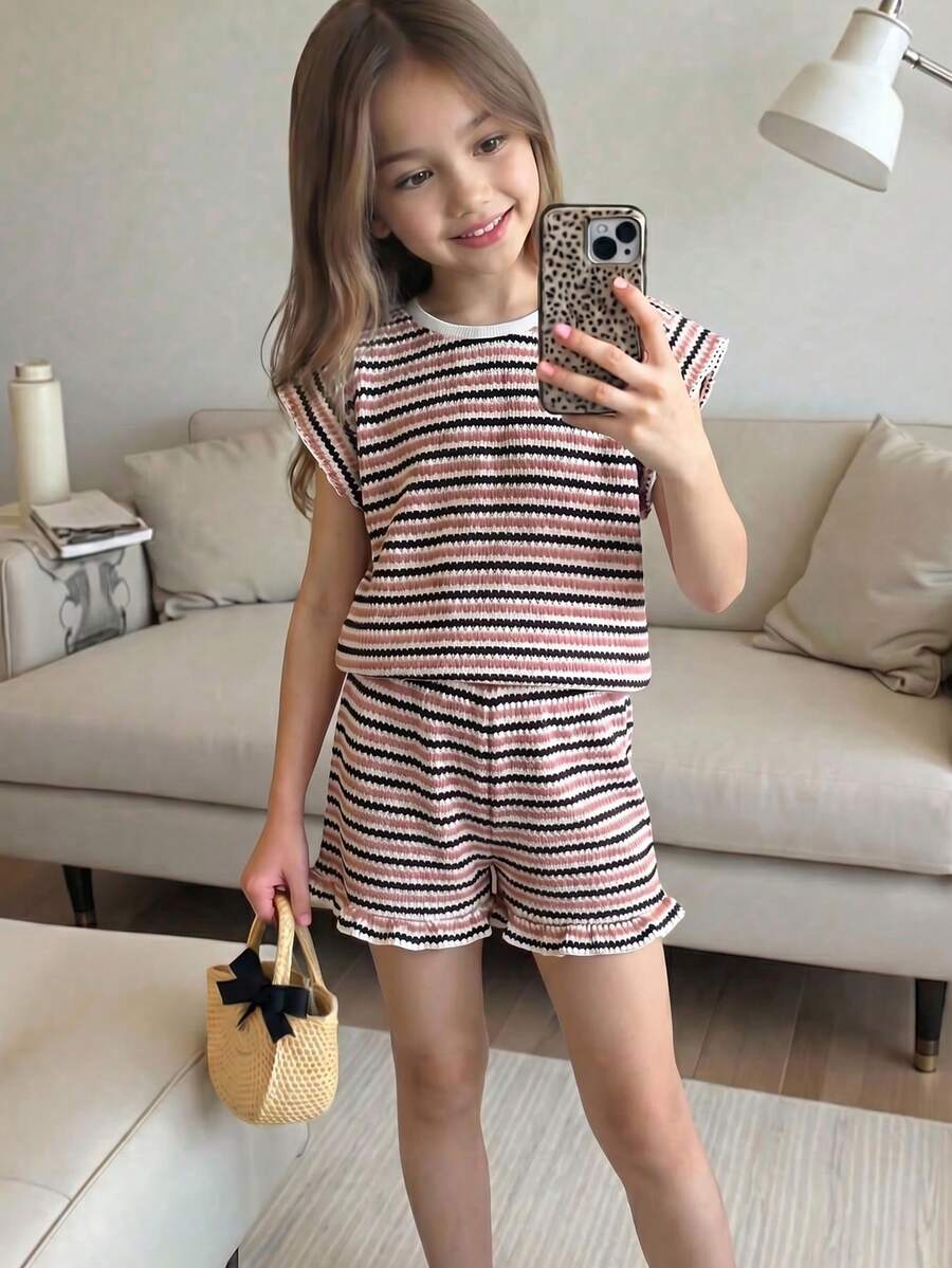 SHEIN 女童休闲条纹短袖T恤套装 - 粉色 - 查看 1