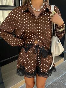 Siren Gaze Women's Vintage Brown And White Polka Dot 2 Pieces Shorts Set,Lace Trim Button Up Shirt And Shorts,Summmer Brunch Holiday Outfit Tea Party,Elegent - Brown - View 4