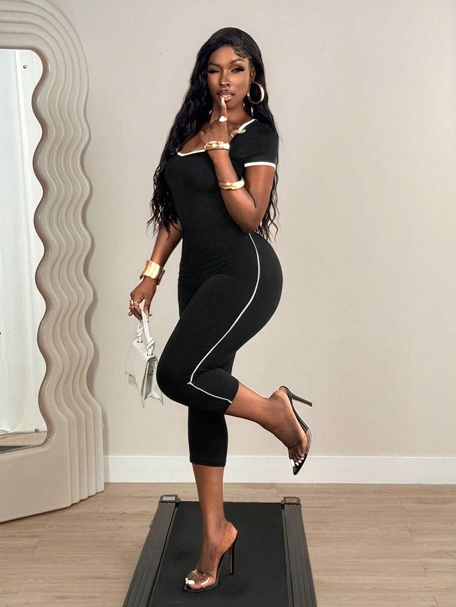 SHEIN BamGlam Women's Summer Fashion Contrast Trim Round Neck Jumpsuit - Black - View 1