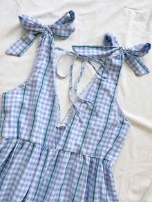Soleia Women's Summer Casual Y2K Holiday Picnic Afternoon Tea Music Festival Woven Jacquard Striped Blue Mini Bow Tie V-Neck A-Line Mini Dress, Casual Dress For Women , Elegant Party Dresses,Festival Dresses ,Summer Dresses For Women,Graduation Dress ,Dresses For Holiday,Country Dress - Baby Blue - View 4