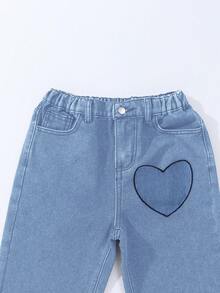 SHEIN ChillGRL Quần jeans ống rộng thêu hình trái tim kiểu dáng mới dành cho bé gái tuổi teen, phù hợp cho mùa xuân, hè, thu và đông - Hàng mới về mùa thu/đông - Rửa nhẹ - Xem 3
