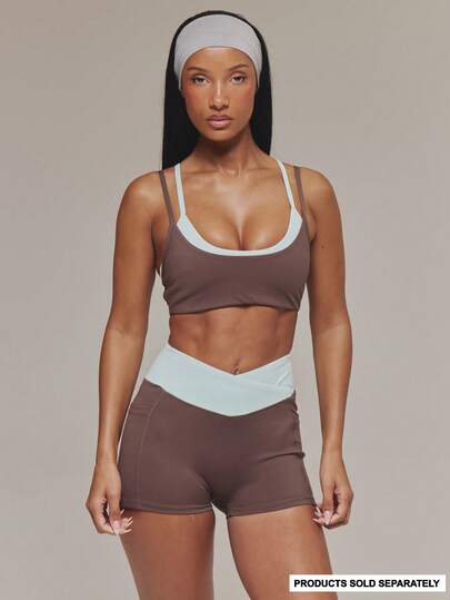 Musera Sport Contrast Layered Adjustable Sports Bra Active Workout Gym Pilates Fitness Daily Casual Aqua