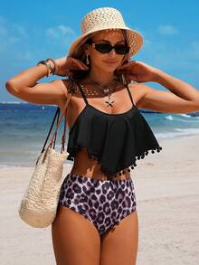Swim Lushoire Women's Rainbow Leopard Ruched Camisole Tankini Top Leopard Print Triangle Bottom 2-Piece Swimwear Set Summer Casual Tropical Beach Vacation Party - Multicolor - View 4