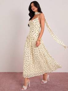 Vestido de verano elegante de mujer con estampado de lunares y volantes en los tirantes - Albaricoque - Ver 4