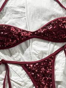 SHEIN Swim Vcay 2-Piece Sequin Textured Halter Bikini Set With Tie Side Bottoms, Sexy Swimsuit For Spring/Summer Beach Vacation - Burgundy - View 3
