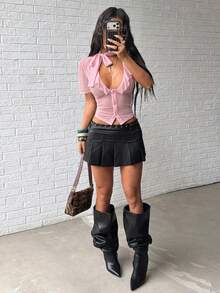 Flirla 女士性感深V领弹力网纱修身衬衫 - 粉色 - 查看 6