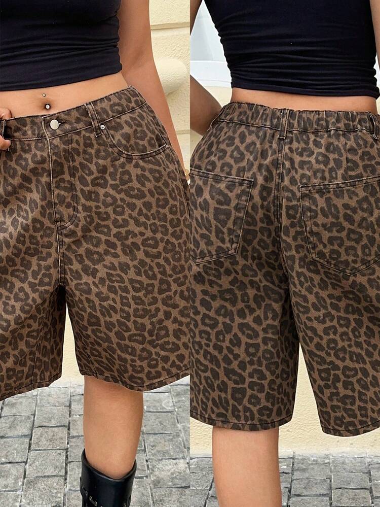 Plus Size Elastic Waist Leopard Print Casual Bermuda Denim Shorts, Street Style, Spring/Summer Jorts