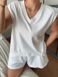 Dazy Plus Einfarbiges lässiges ärmelloses lockeres Top und Shorts Set, Frühling/Sommer Loungewear Pyjamas - Weiss - Übersicht 6