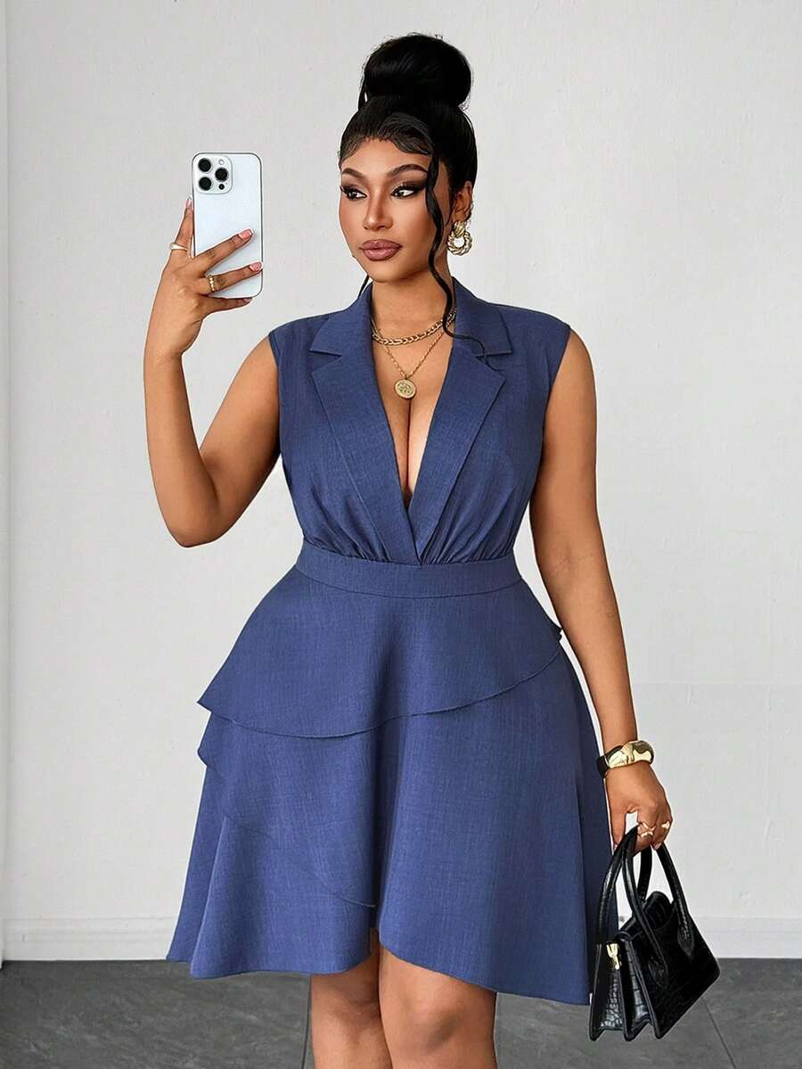 Maweii V-Neck Sleeveless Commuting Waist Cinched Asymmetric Hem Dress - Dusty Blue - View 1