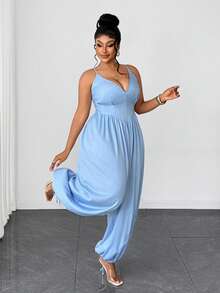 Maweii Bộ jumpsuit xếp ly cổ chữ V sâu, gợi cảm, hiệu ứng denim. - Màu xanh nhạt - Xem 3