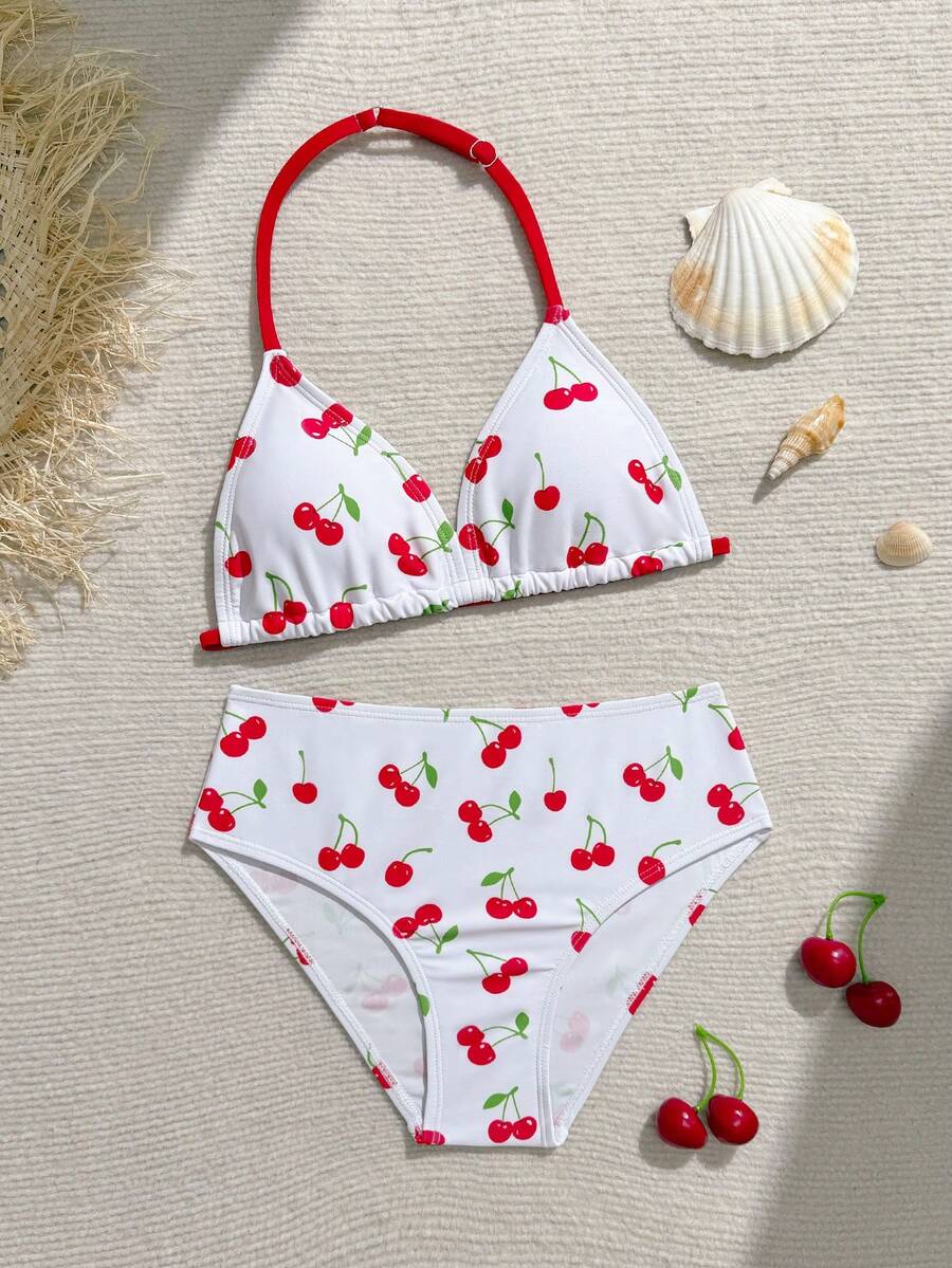 SHEIN Tween Girls Cute Multicolor Cherry Print White Halter Neck Deep V Bikini Set,Triangle Bottom Two Piece Swimwear For Summer,Holiday,Beach & Pool Party