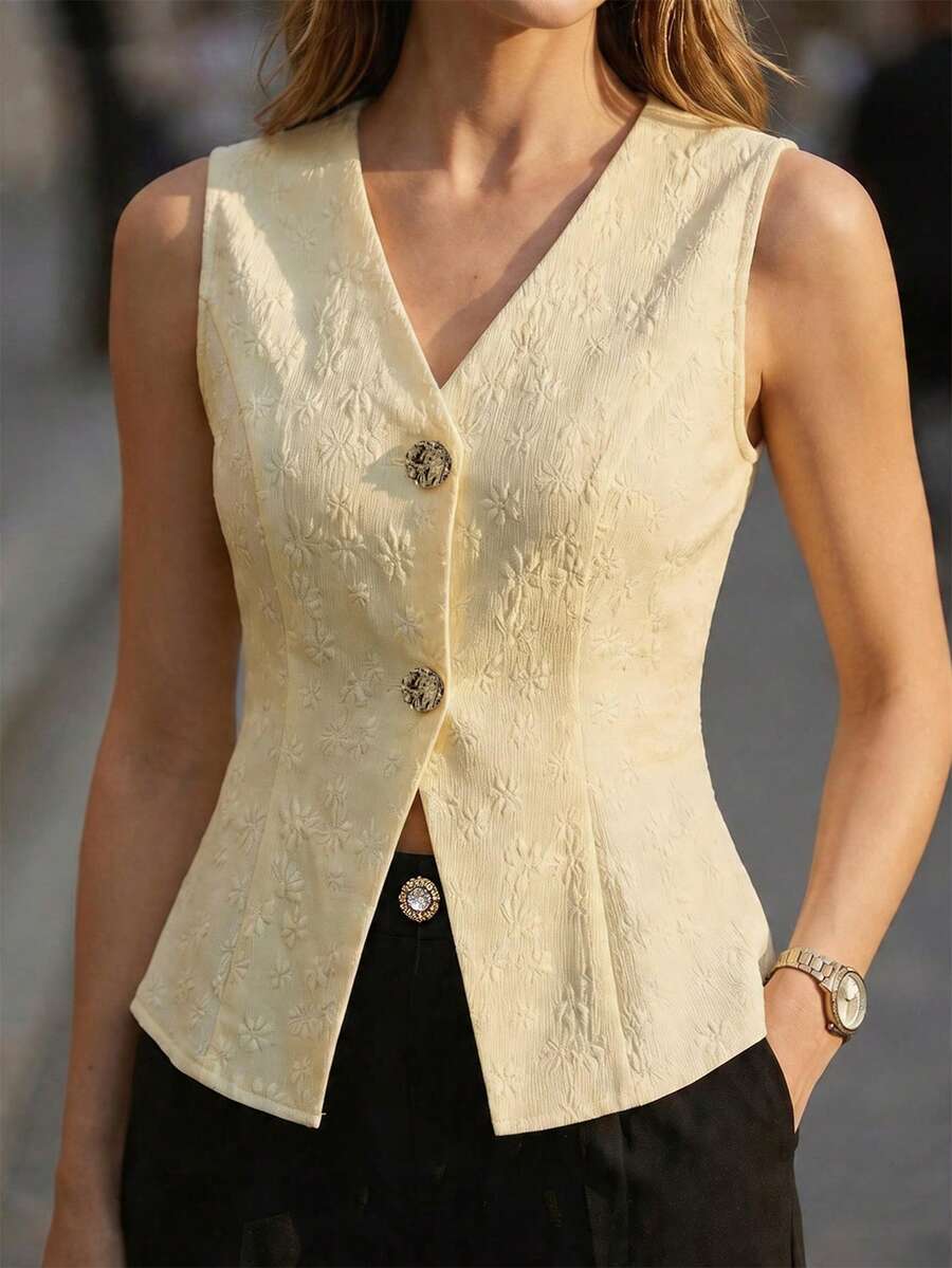 Selianne Women's Vest Elegant Business Casual Sleeveless Jacket Brocade Texture White Metallic Buckles Waist Cinching Design Office Autumn Tops - Light Yellow - View 1