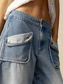 Bohemela Quần jean denim nữ đa năng, dáng rộng, có túi, vạt bất đối xứng - Rửa nhẹ - Xem 2