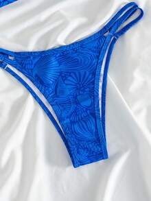 Swim Mod 春夏新款甜美蓝底贝壳印花系带两件式三点高衩三角比基尼套装，性感聚拢泳装，适合女士海滩度假 - 彩色 - 查看 6