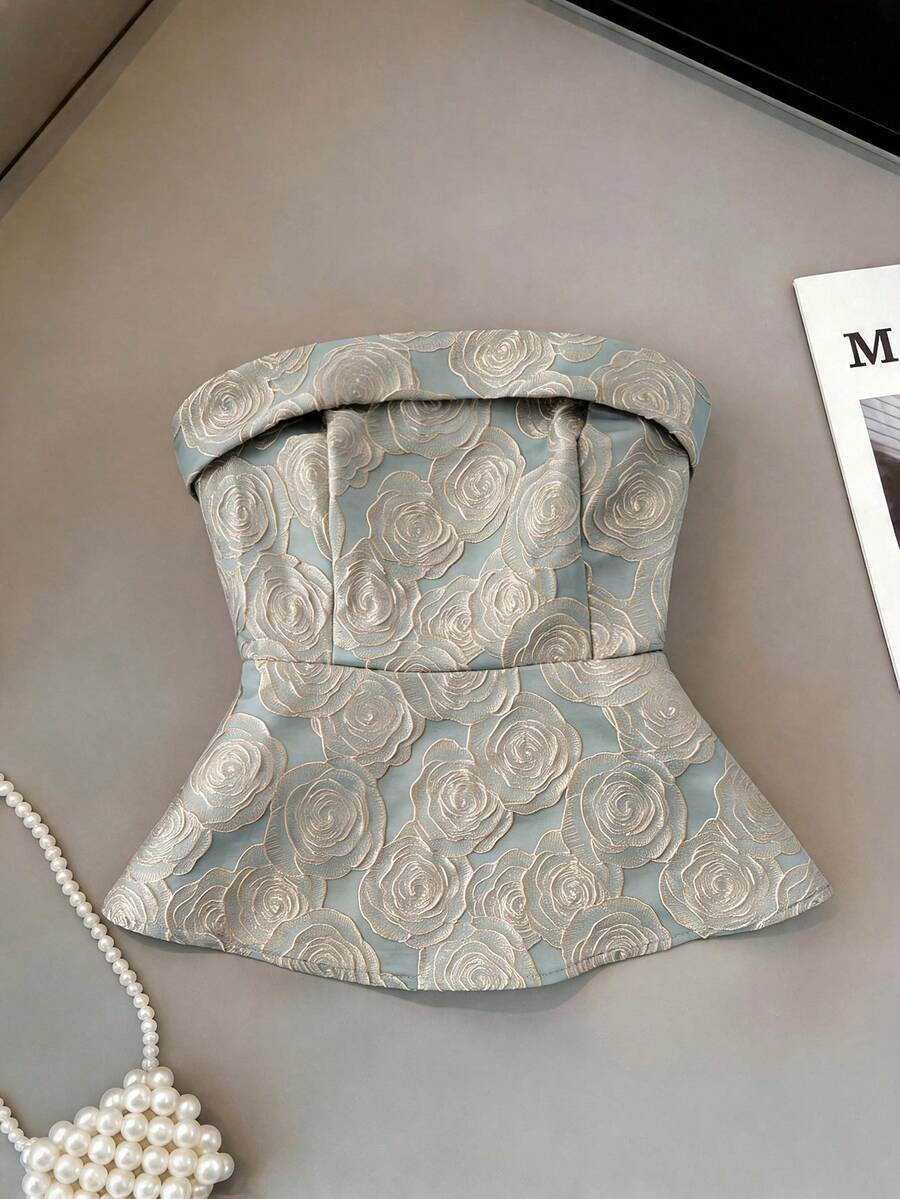 GlowEve Elegant Jacquard Fabric Cinched Waist Bandeau Top For Women - Green - View 1
