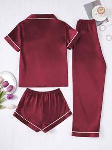 3pcs Contrast Trim Solid Color Faux Silk Lapel Women Pajama Set - Burgundy - View 2