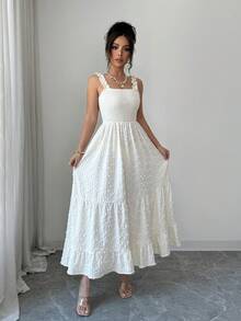 Elenzga 女士休闲优雅长款针织连衣裙，荷叶边下摆和细肩带设计，适合夏季休闲、度假、约会、日常穿着、节日和派对等场合。 - 杏色 - 查看 6